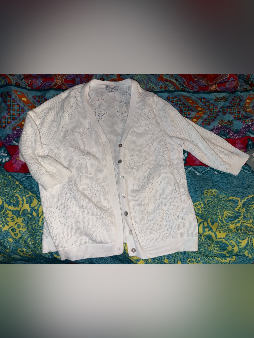 Kim Rogers White Crocheted Button Cardigan with Subtle Multicolor Specks